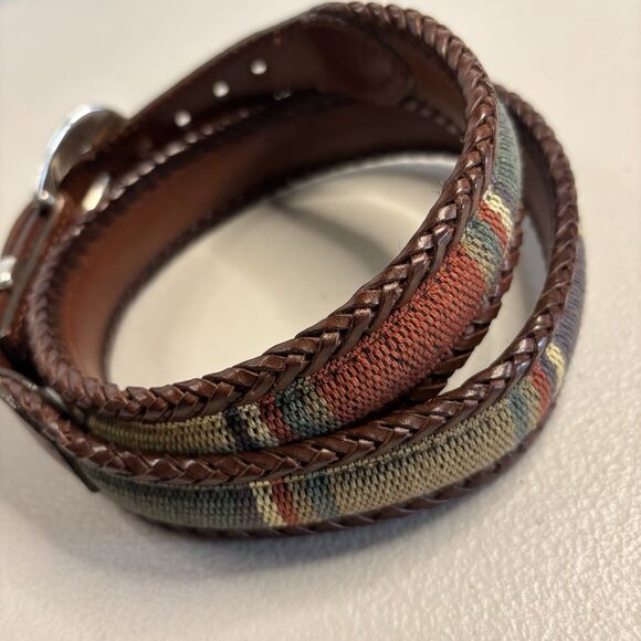 Brighton Santos  Multi Color Canvas Brown Laced Leather Belt  Silver Buckle  32 - Picture 2 of 14